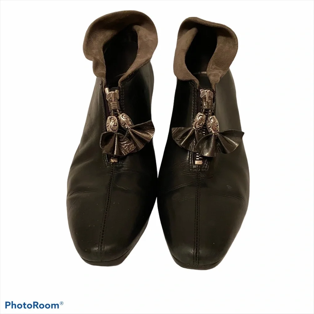 BRIGHTON SHOES HEELS ANKLE BOOTIES BLACK STACEY LEATHER GRAY SUEDE 8.5 M